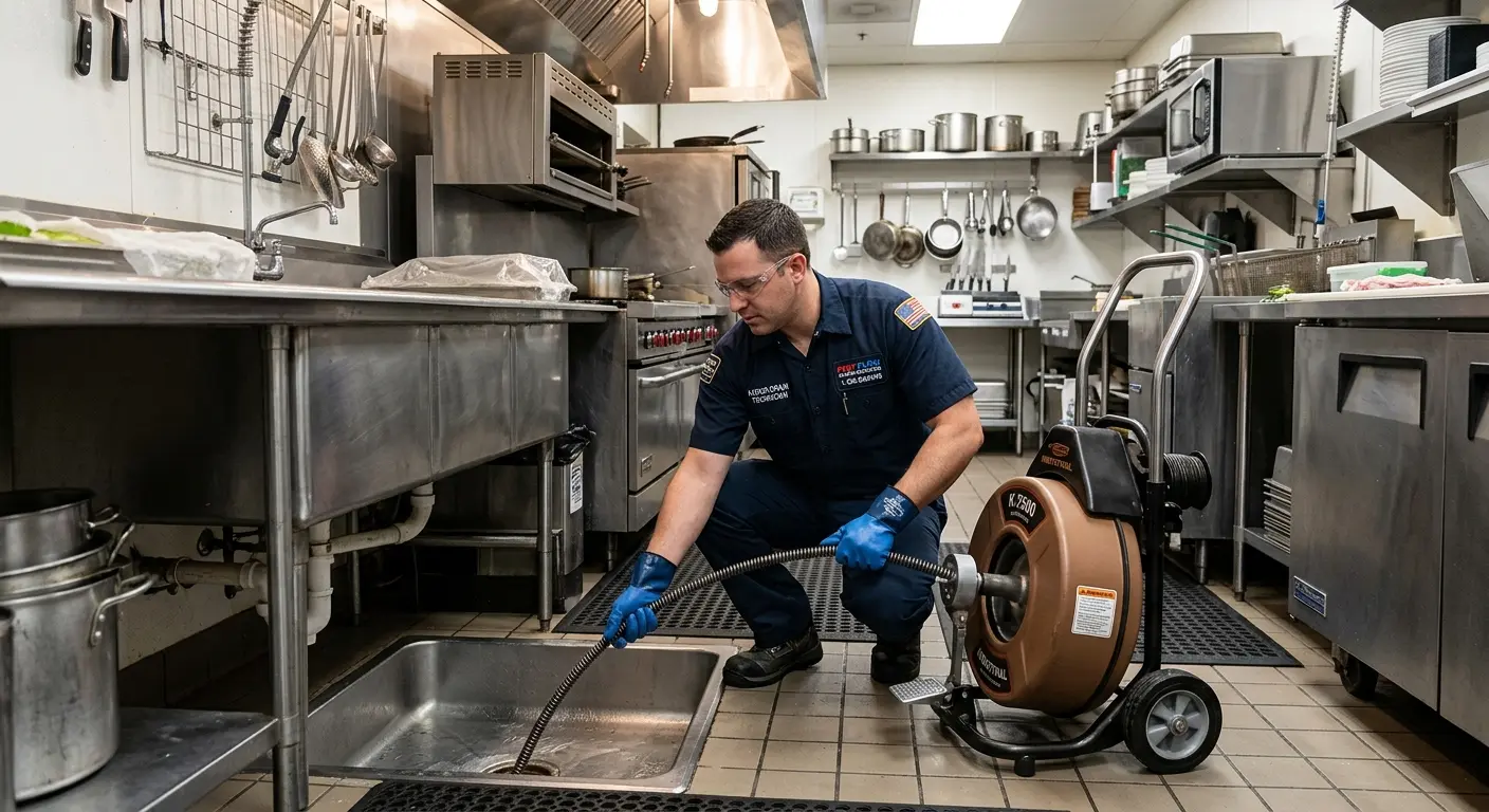 Commercial drain cleaning service in a restaurant kitchen in Reedurban