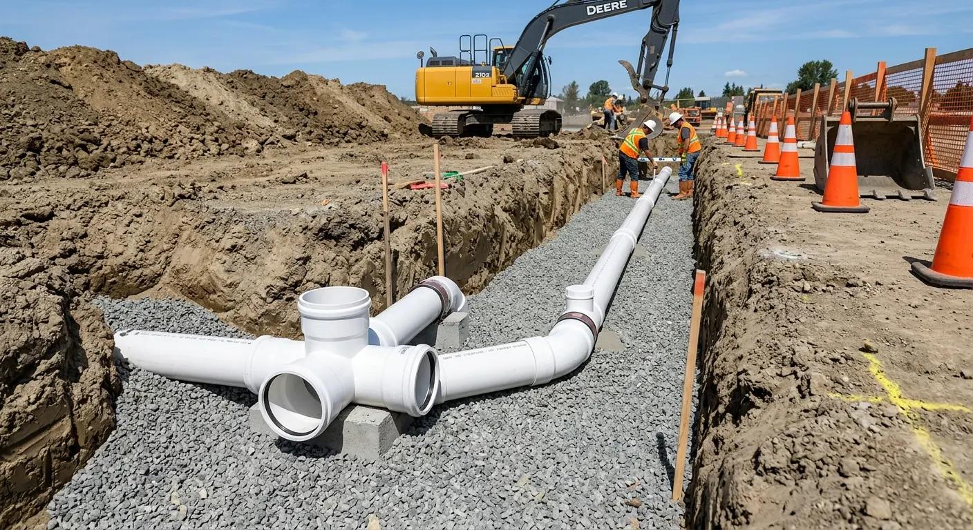 New PVC sewer pipe installation in open trench for Sewer Backup in Reedurban
